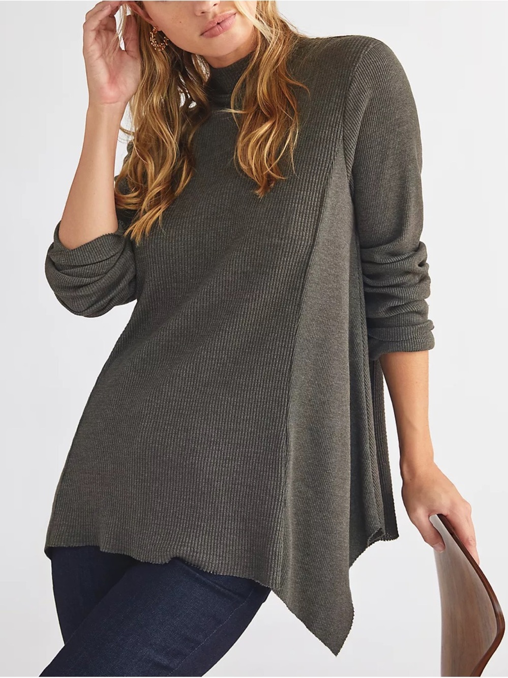 Anthropology t.la M Asymmetrical Ribbed Knit Mock Neck Long-sleeve Shirt in Moss